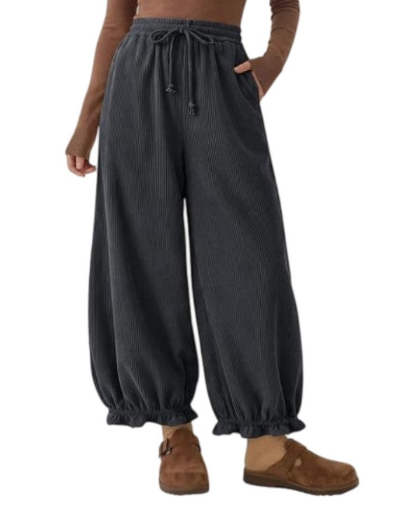 Corduroy Drawstring Ruffle Cuff Balloon Pants - Dark_Grey