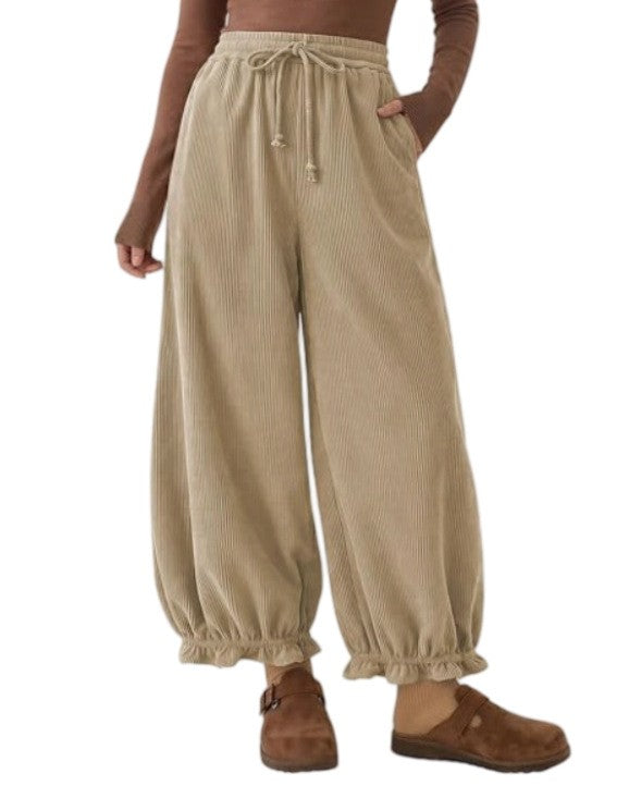 Corduroy Drawstring Ruffle Cuff Balloon Pants - Khaki