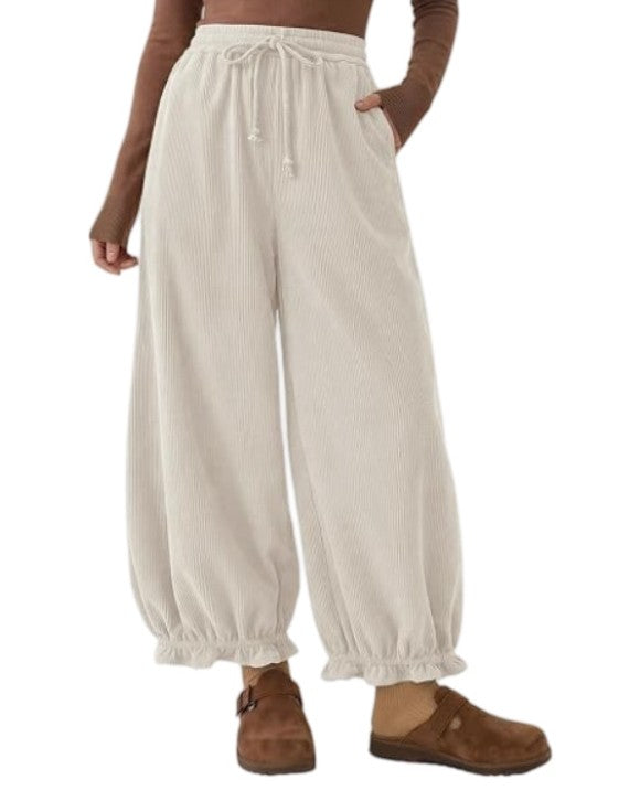 Corduroy Drawstring Ruffle Cuff Balloon Pants - Off_White