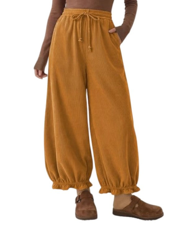 Corduroy Drawstring Ruffle Cuff Balloon Pants - Orange