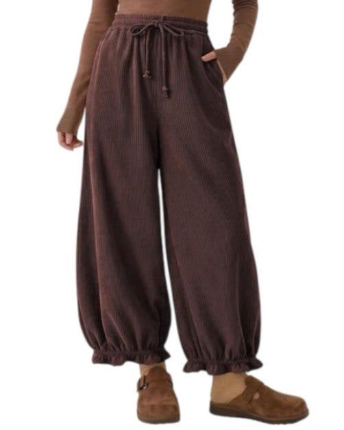 Corduroy Drawstring Ruffle Cuff Balloon Pants - Red_Brown