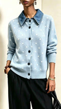 Contrast Denim Collar Dotted Button Front Cardigan - Blue