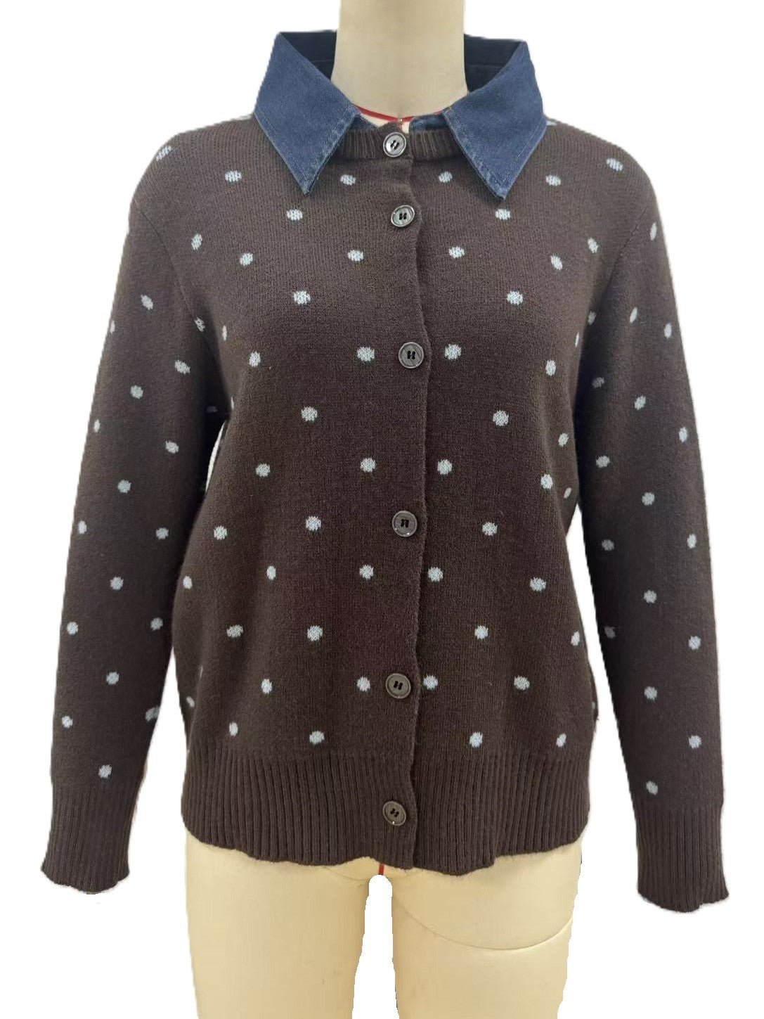 Contrast Denim Collar Dotted Button Front Cardigan - Coffee