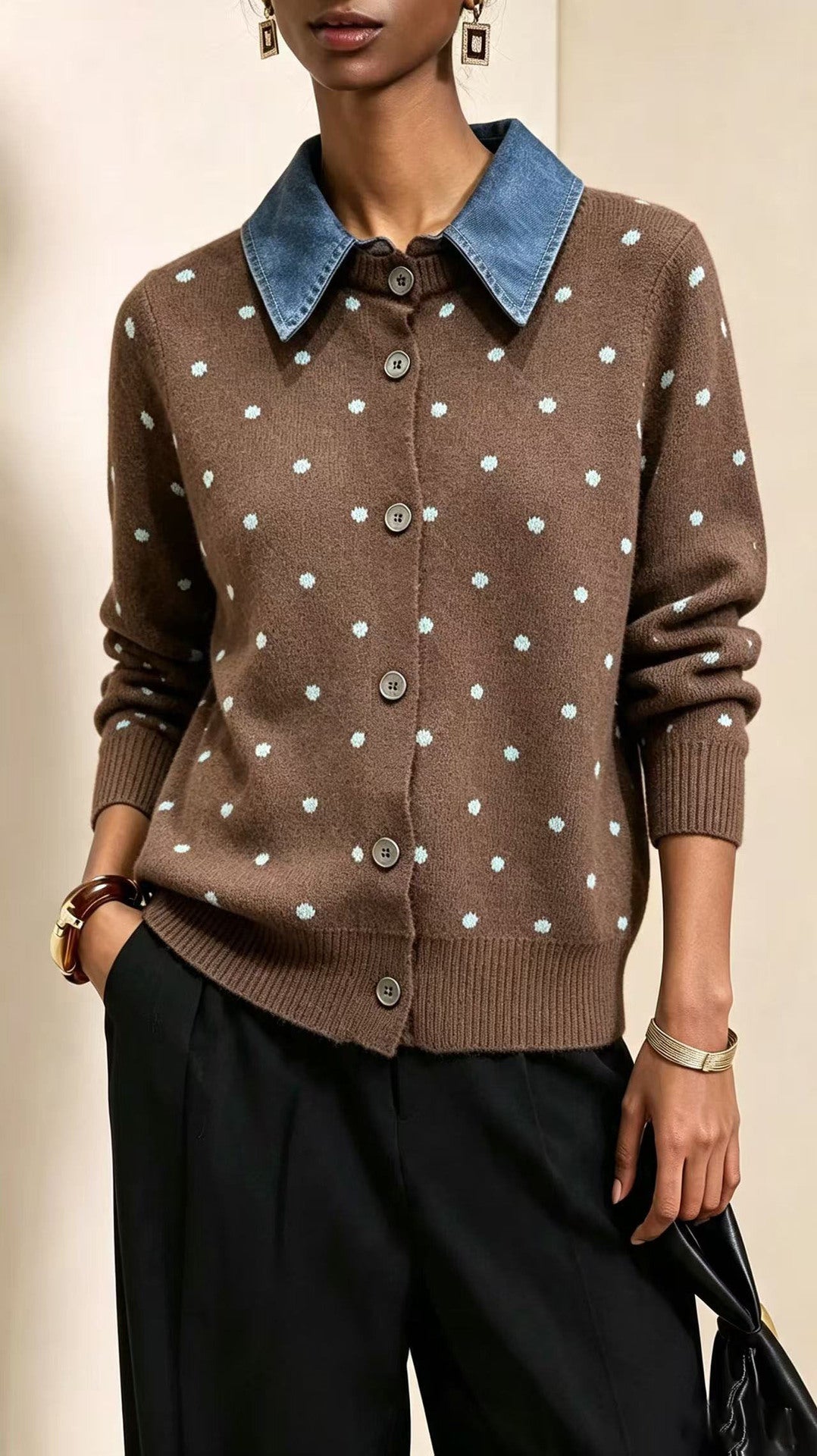 Contrast Denim Collar Dotted Button Front Cardigan - Coffee - 1