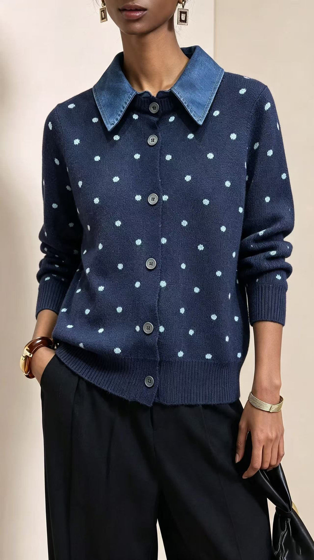 Contrast Denim Collar Dotted Button Front Cardigan - Navy