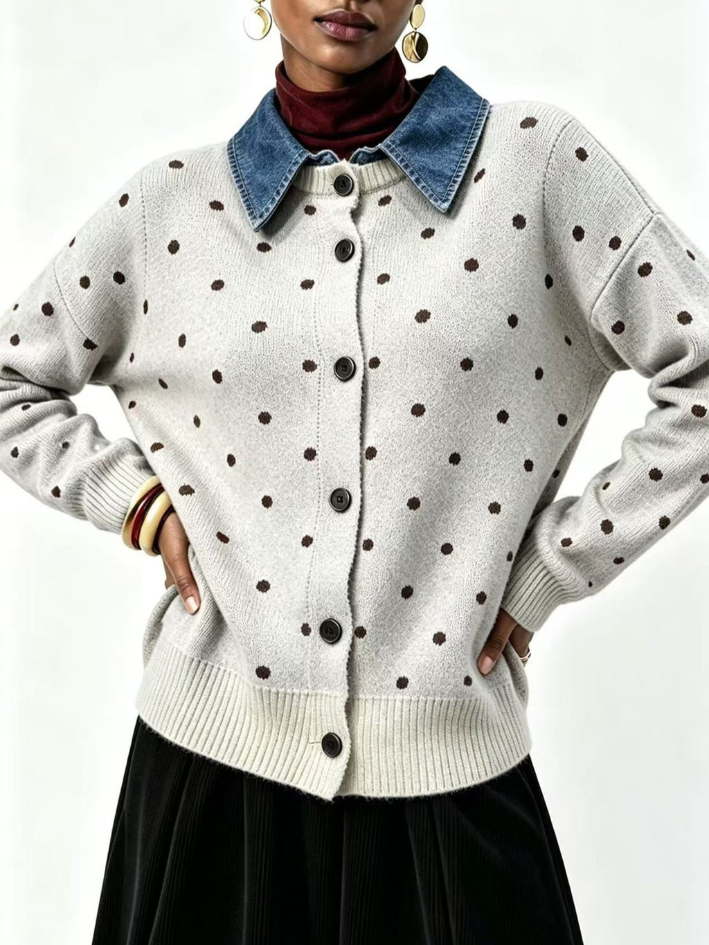 Contrast Denim Collar Dotted Button Front Cardigan - Off_White