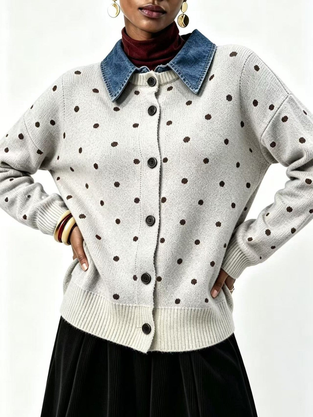 Contrast Denim Collar Dotted Button Front Cardigan - Off_White
