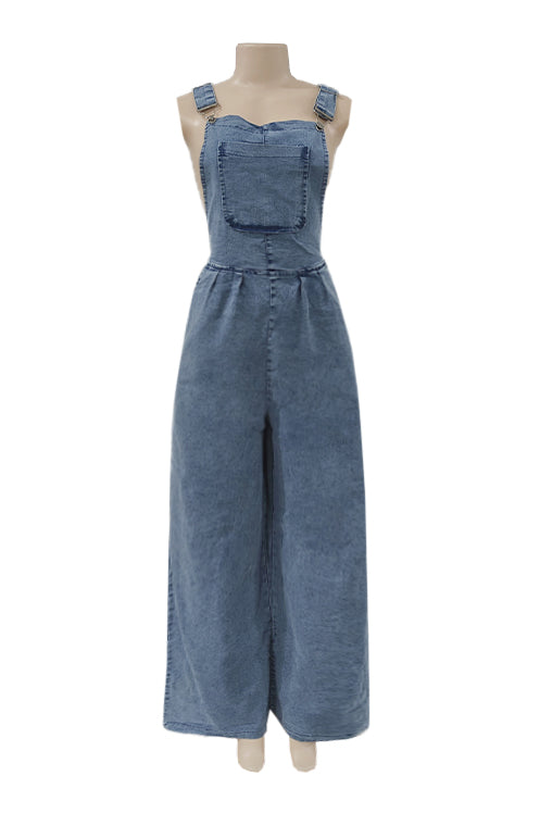 Wide Leg Denim Overall Jumpsuit - Blue