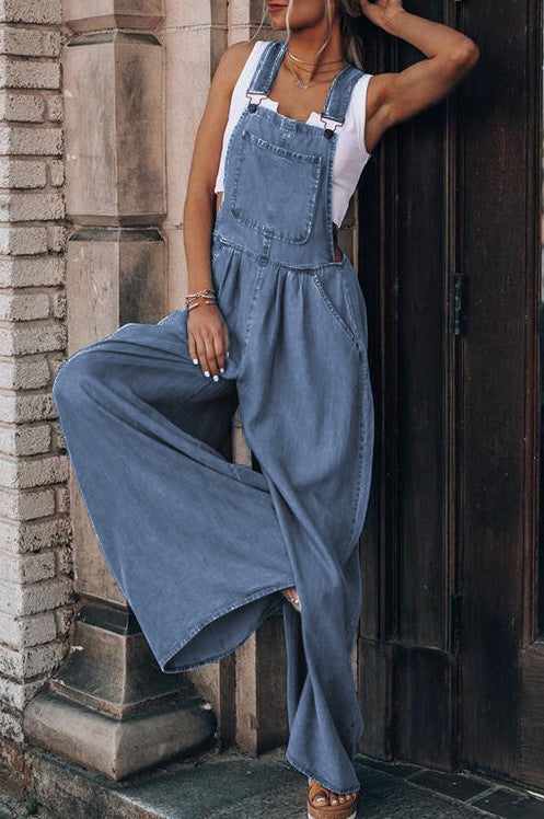 Wide Leg Denim Overall Jumpsuit - Blue - 1