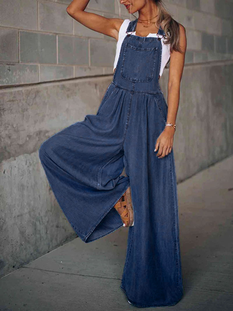 Wide Leg Denim Overall Jumpsuit - DarkBlue - 1
