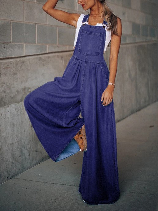 Wide Leg Denim Overall Jumpsuit - Navy - 1