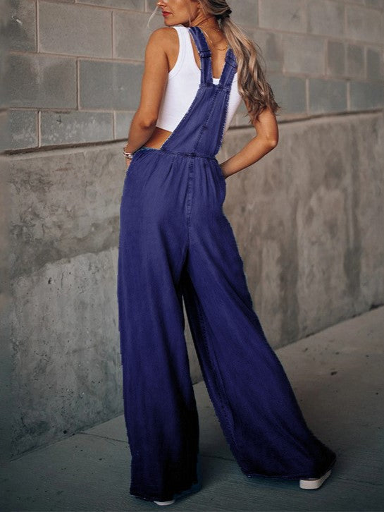 Wide Leg Denim Overall Jumpsuit - Navy - 2