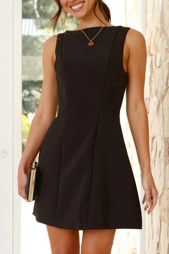 Boat Neck Open Back Flare Mini Dress - black