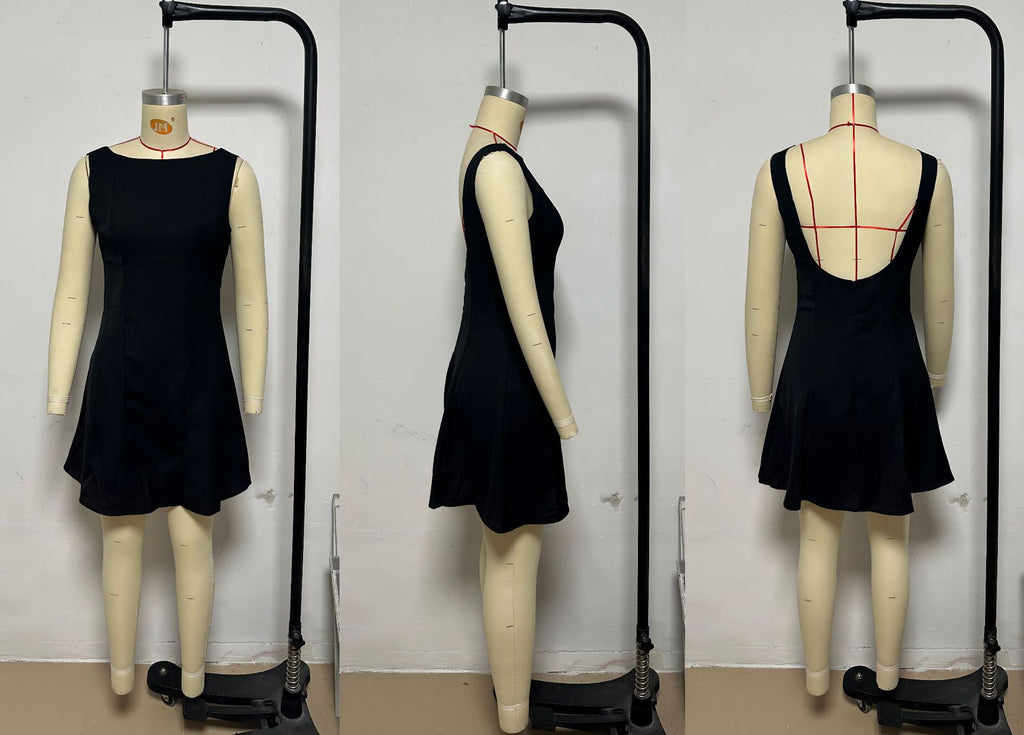 Boat Neck Open Back Flare Mini Dress - black - 1