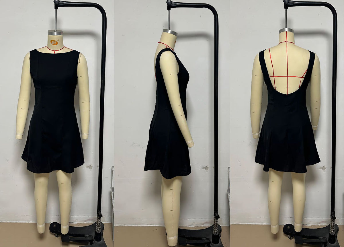 Boat Neck Open Back Flare Mini Dress - black - 1