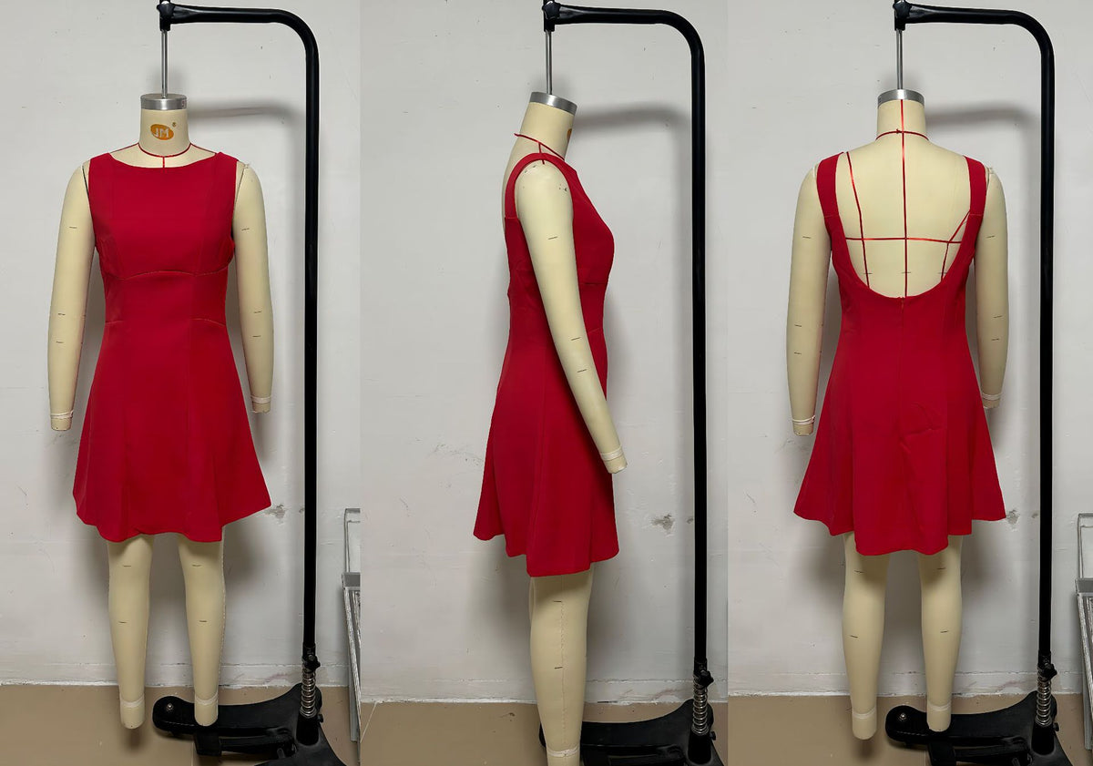 Boat Neck Open Back Flare Mini Dress - red