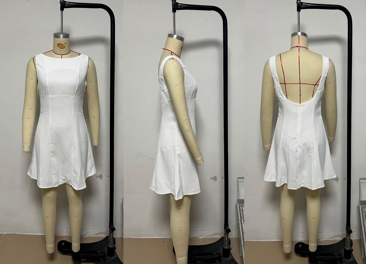 Boat Neck Open Back Flare Mini Dress - white