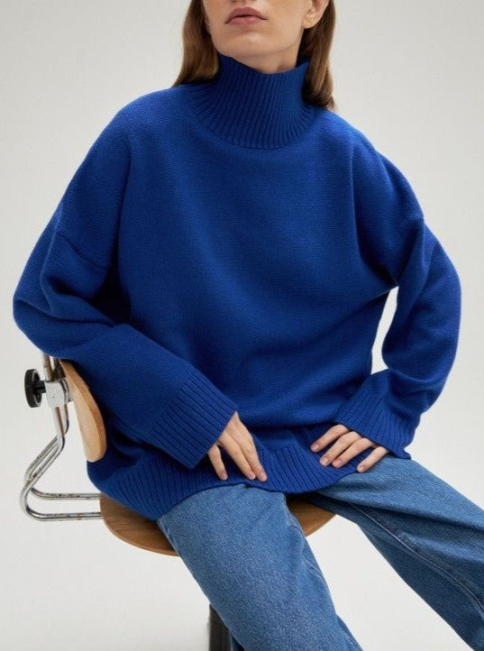 Longline Turtleneck Tunic Sweater With Side Splits - Blue