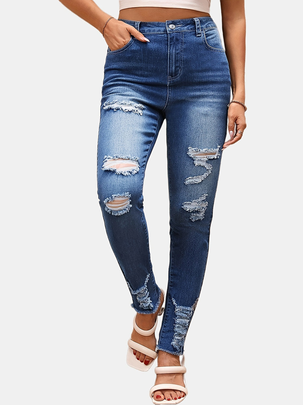 High Rise Distressed Raw Hem Skinny Jeans - Blue