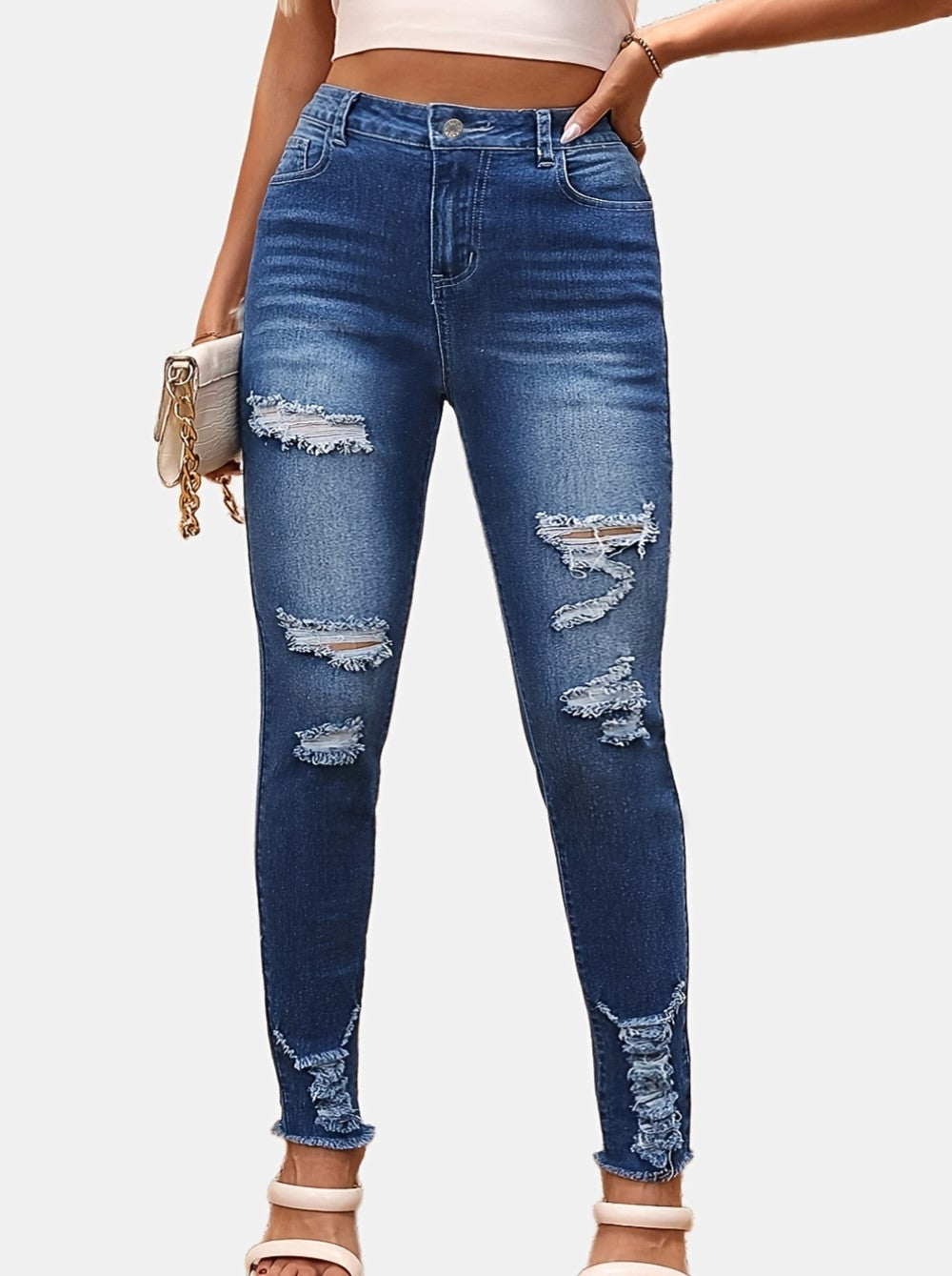 High Rise Distressed Raw Hem Skinny Jeans - Blue - 1