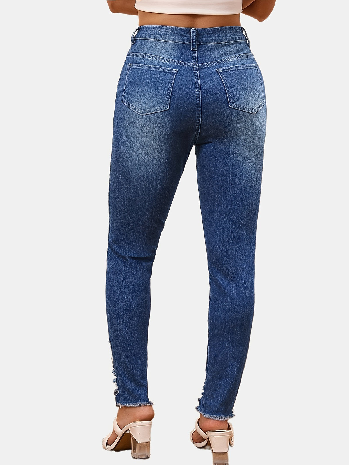 High Rise Distressed Raw Hem Skinny Jeans - Blue - 2
