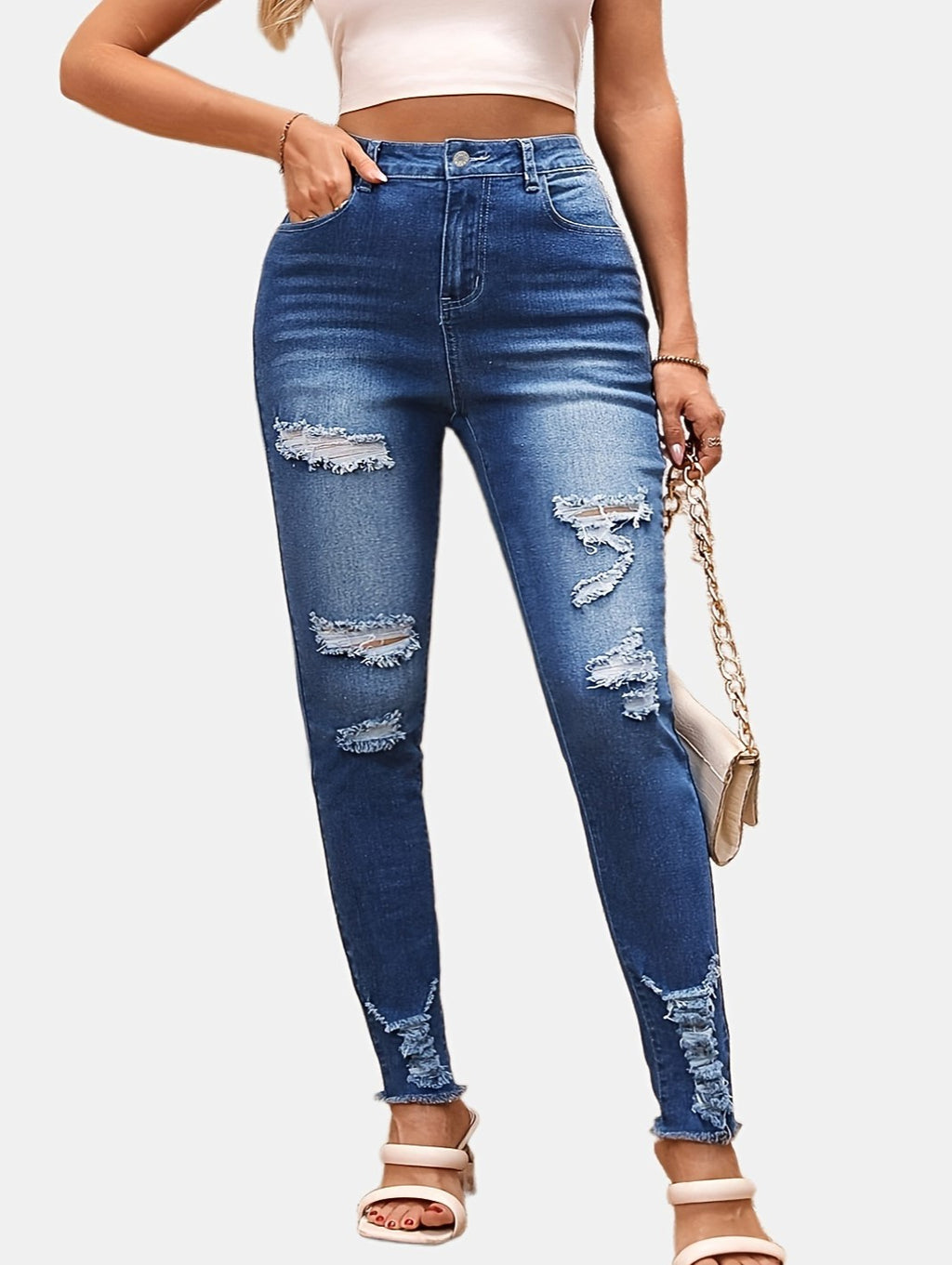 High Rise Distressed Raw Hem Skinny Jeans - Blue - 3