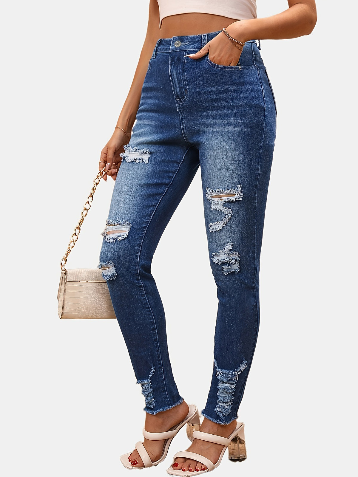 High Rise Distressed Raw Hem Skinny Jeans