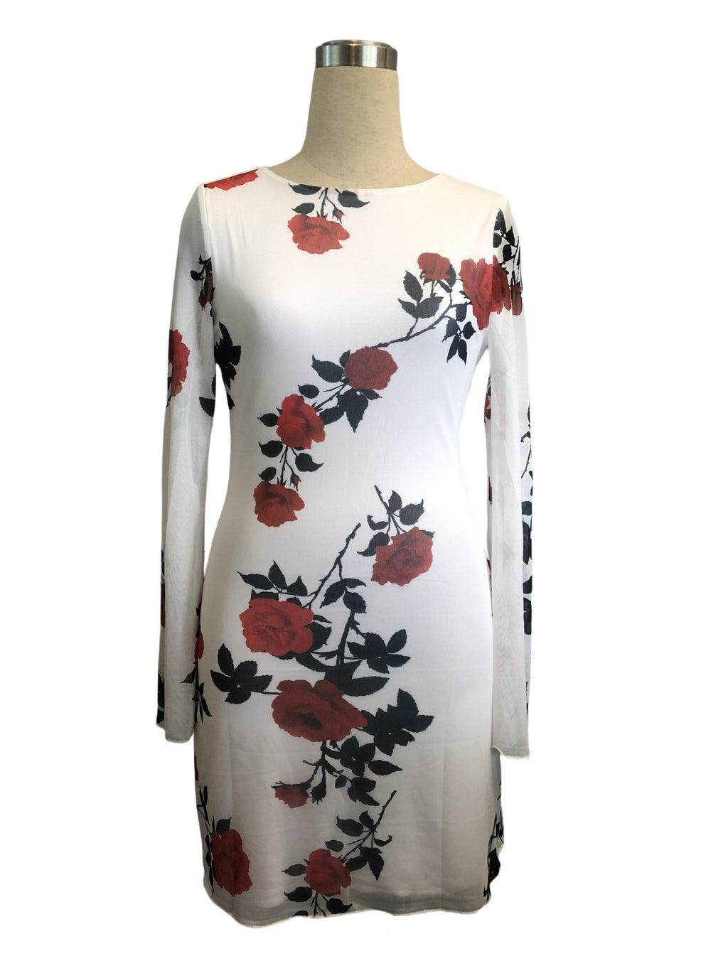 Rose Print Mesh Flare Sleeve Mini Dress - White
