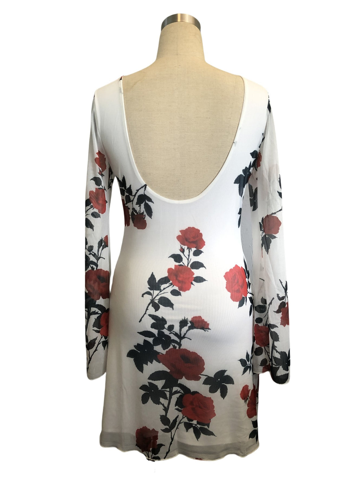 Rose Print Mesh Flare Sleeve Mini Dress - White - 1