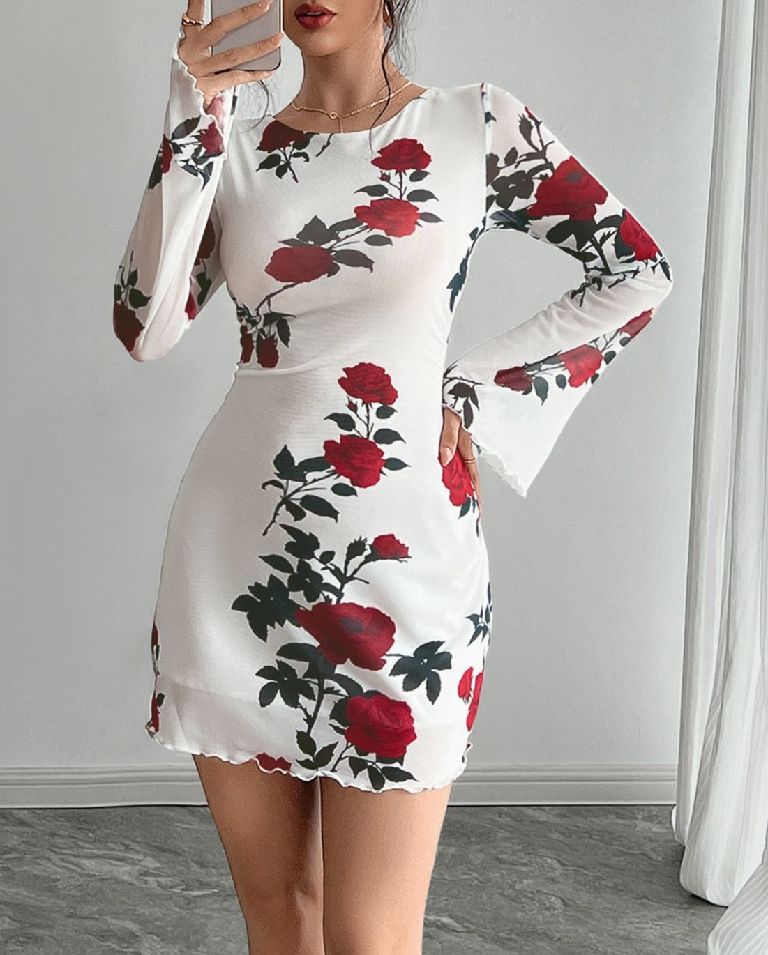 Rose Print Mesh Flare Sleeve Mini Dress - White - 2