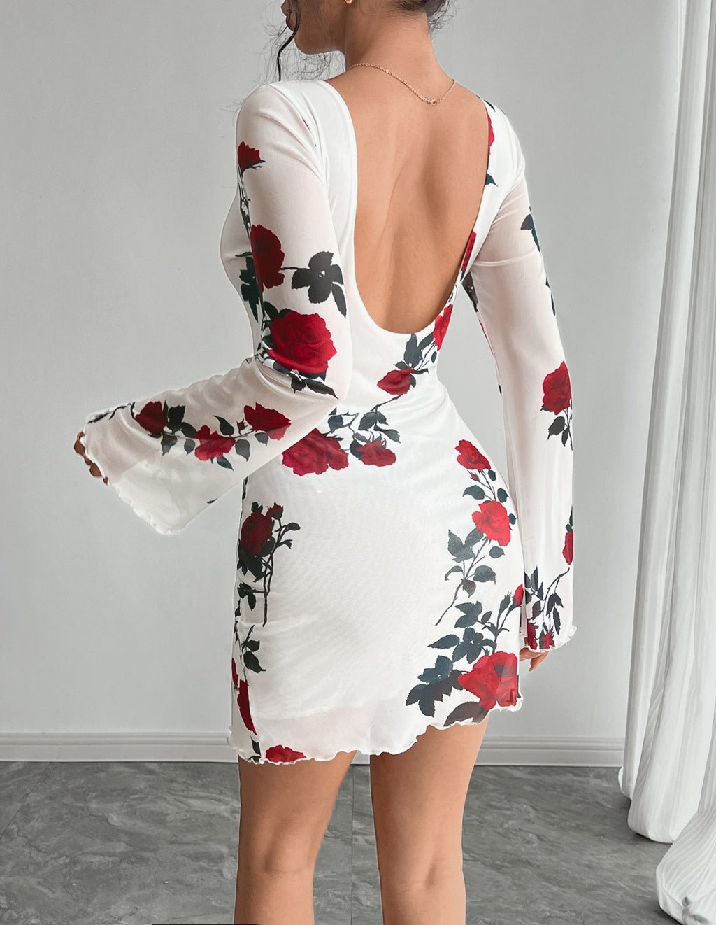Rose Print Mesh Flare Sleeve Mini Dress - White - 3