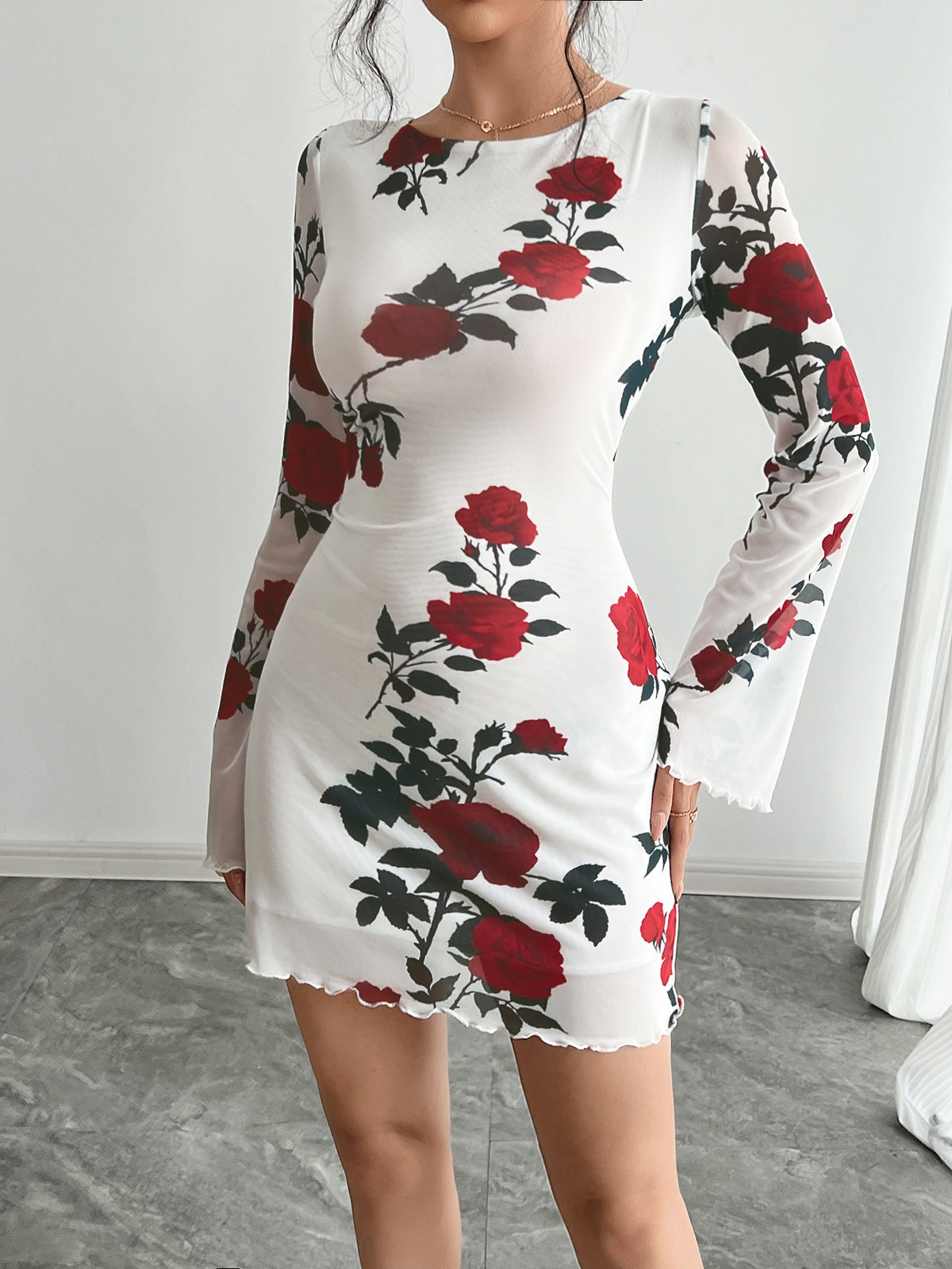 Rose Print Mesh Flare Sleeve Mini Dress - White - 4