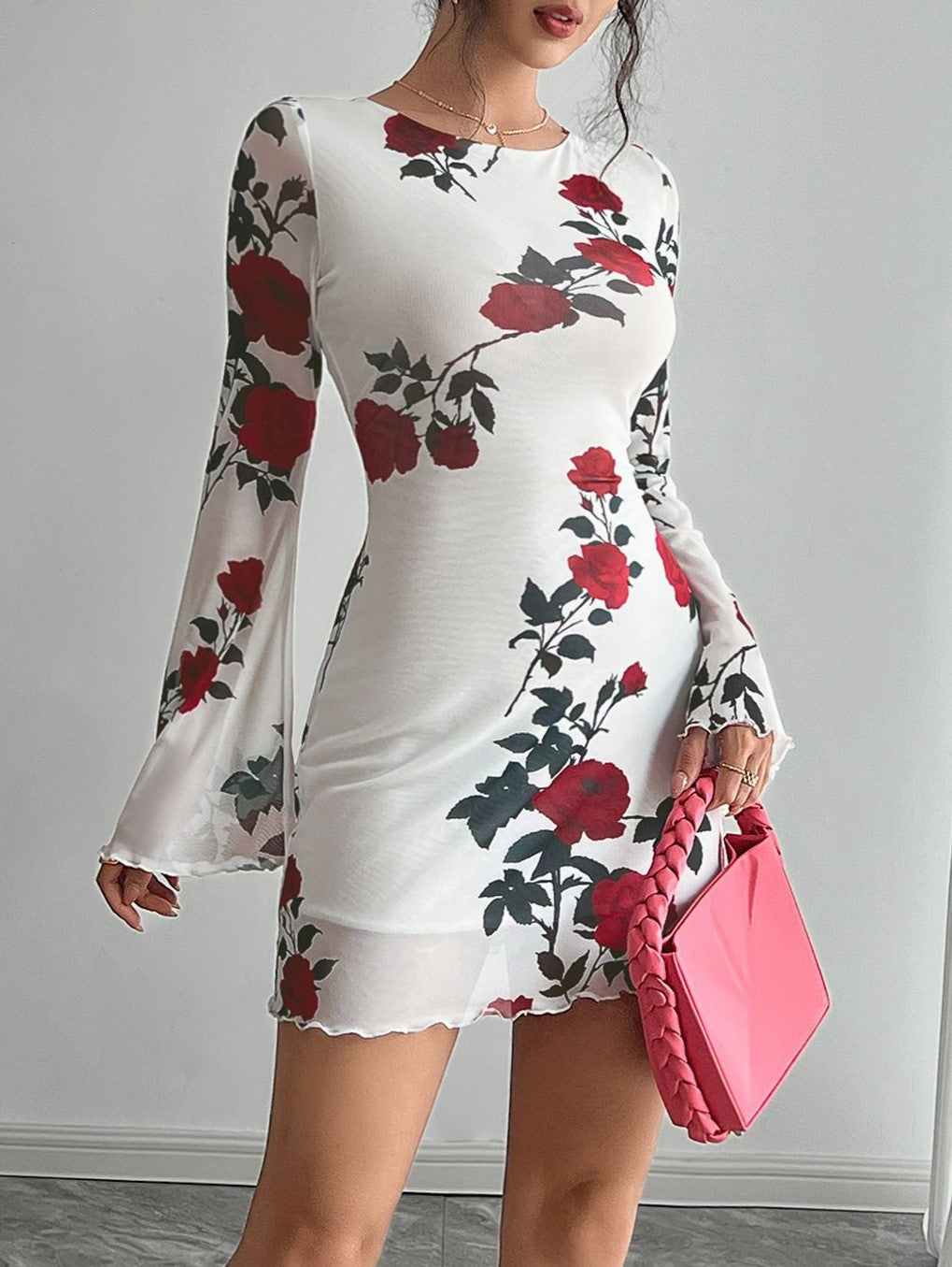 Rose Print Mesh Flare Sleeve Mini Dress - view 1