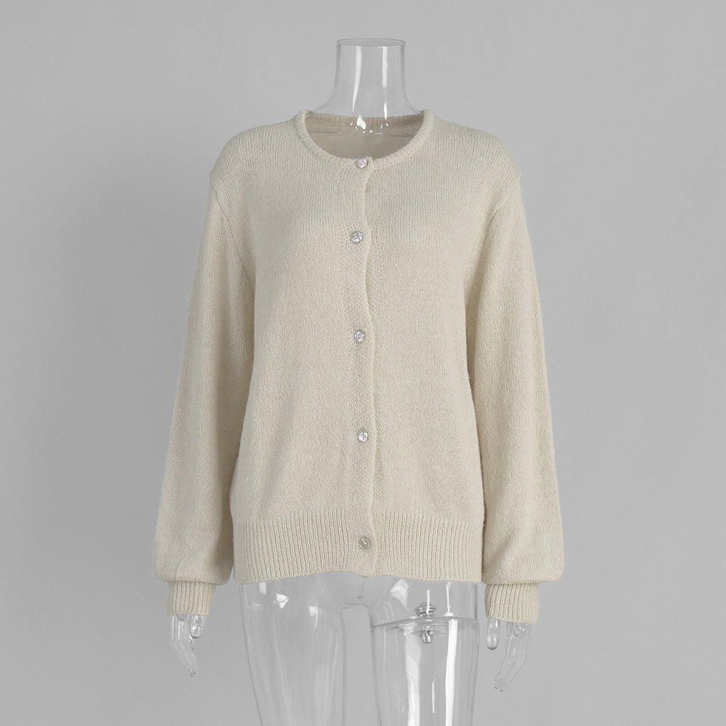 Fuzzy Slouchy Button Up Crew Cardigan - Beige