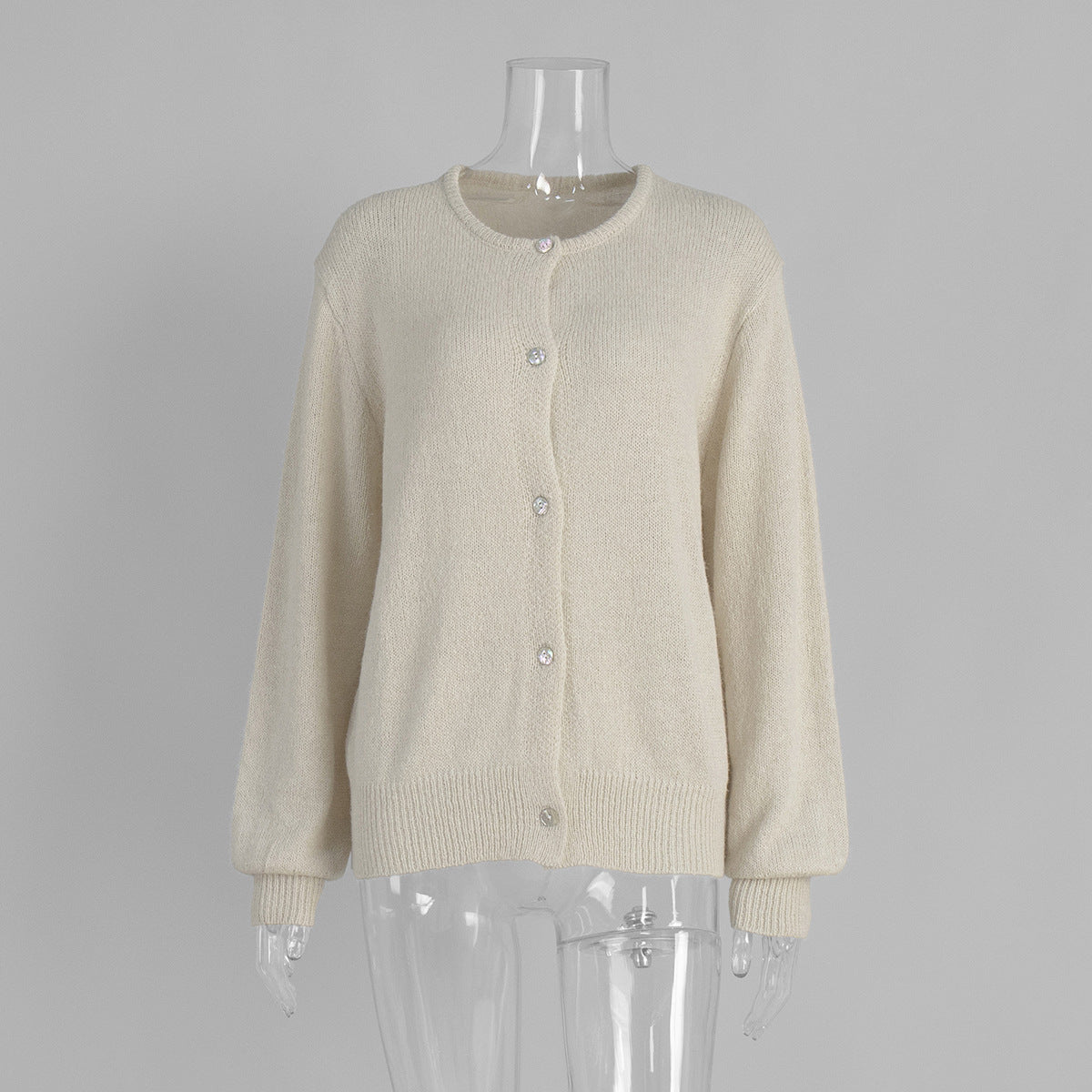 Fuzzy Slouchy Button Up Crew Cardigan - Beige
