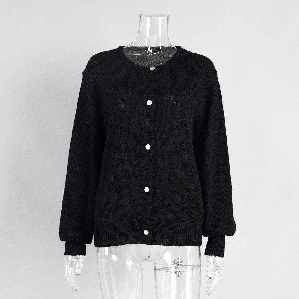 Fuzzy Slouchy Button Up Crew Cardigan - Black