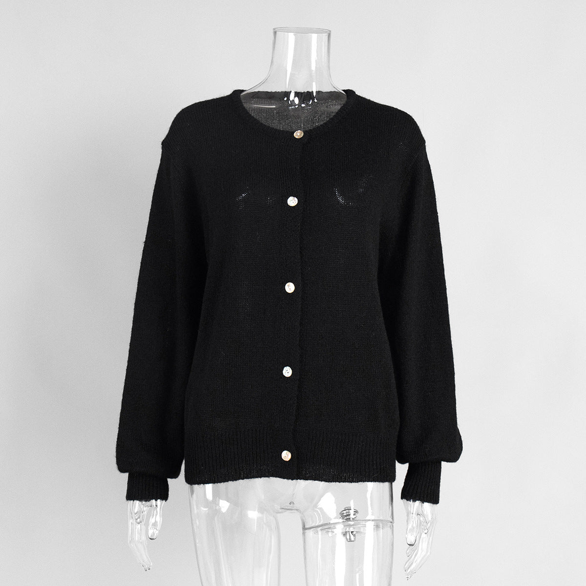 Fuzzy Slouchy Button Up Crew Cardigan - Black