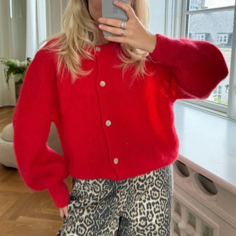 Fuzzy Slouchy Button Up Crew Cardigan - Red