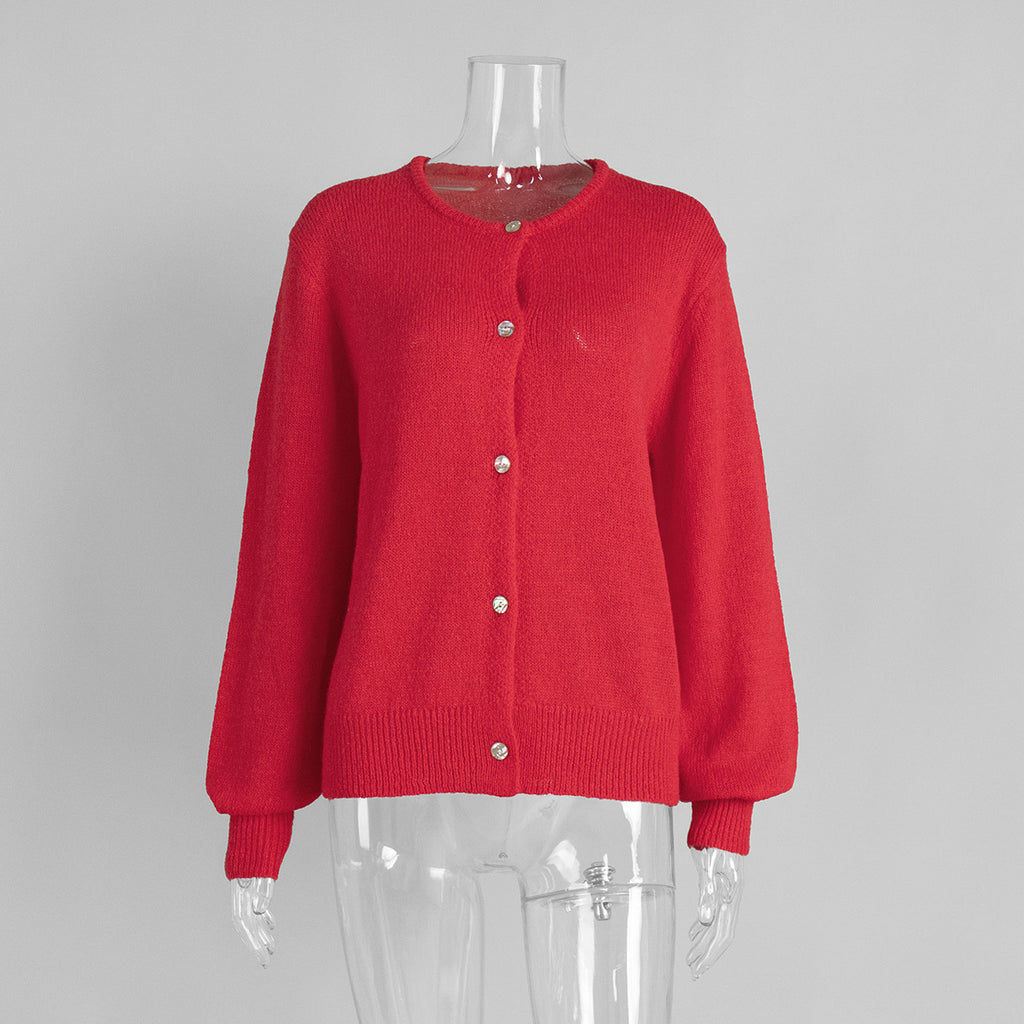 Fuzzy Slouchy Button Up Crew Cardigan - Red - 1