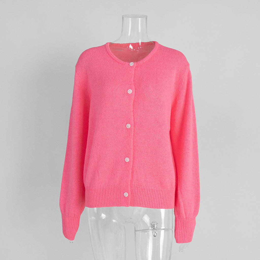 Fuzzy Slouchy Button Up Crew Cardigan - RoseRed