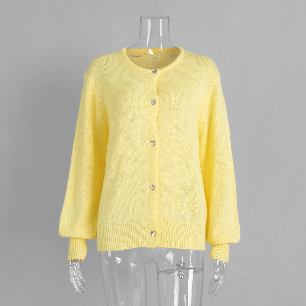 Fuzzy Slouchy Button Up Crew Cardigan - Yellow
