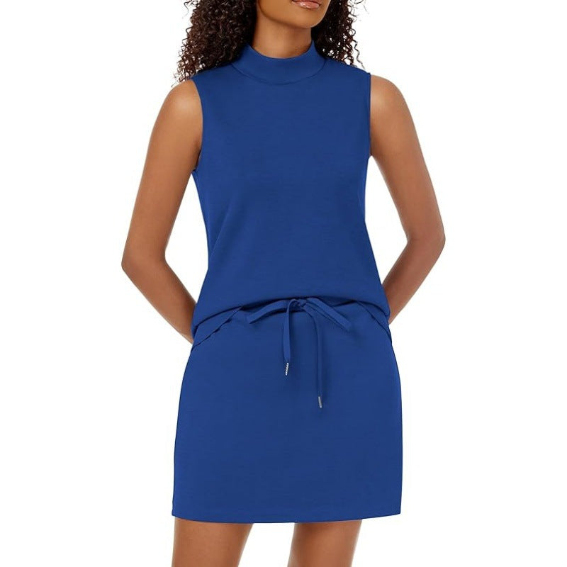 Mock Neck Tank and Skort Two Piece Set - DarkBlue