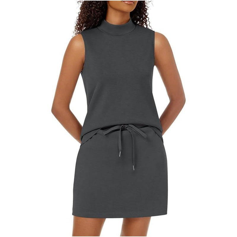 Mock Neck Tank and Skort Two Piece Set - DarkGray