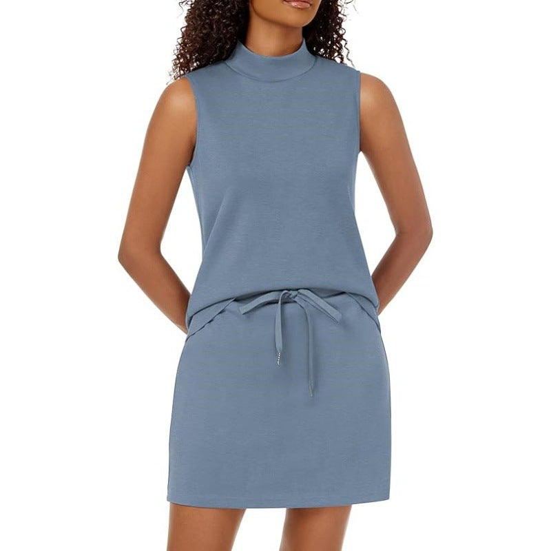 Mock Neck Tank and Skort Two Piece Set - GreyBlue