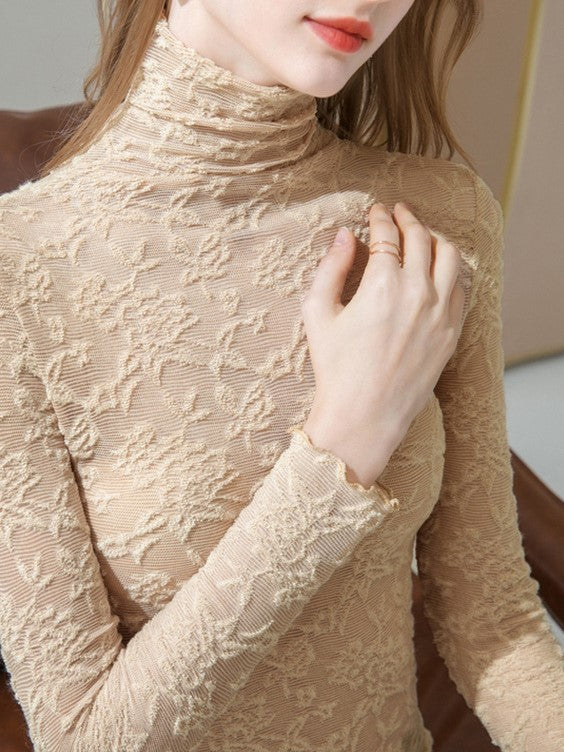 Floral Textured Lace Turtleneck Top - Beige - 1