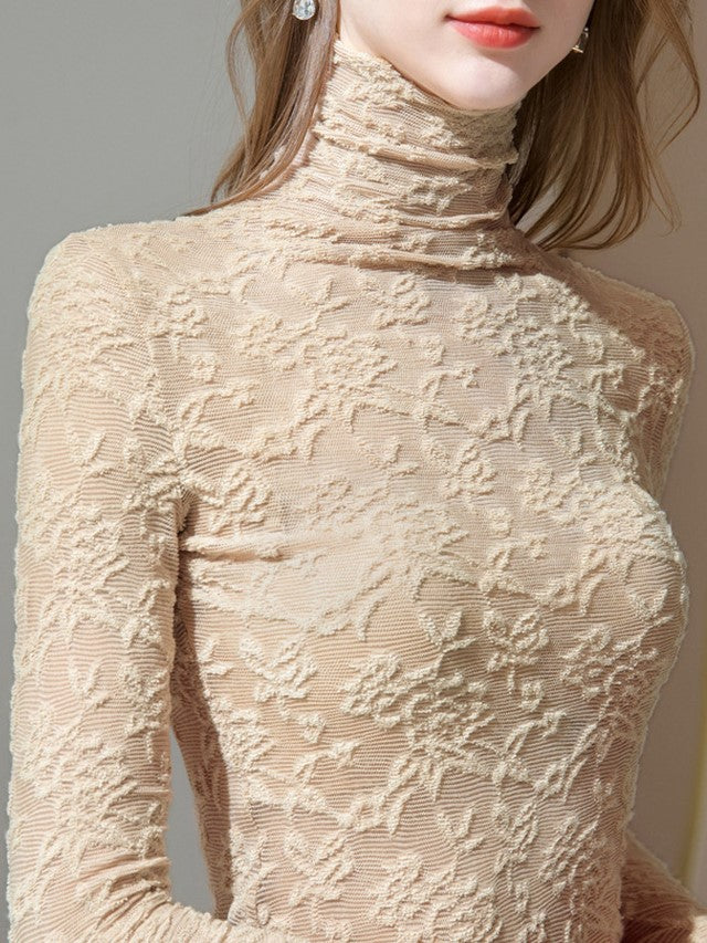 Floral Textured Lace Turtleneck Top - Beige - 3