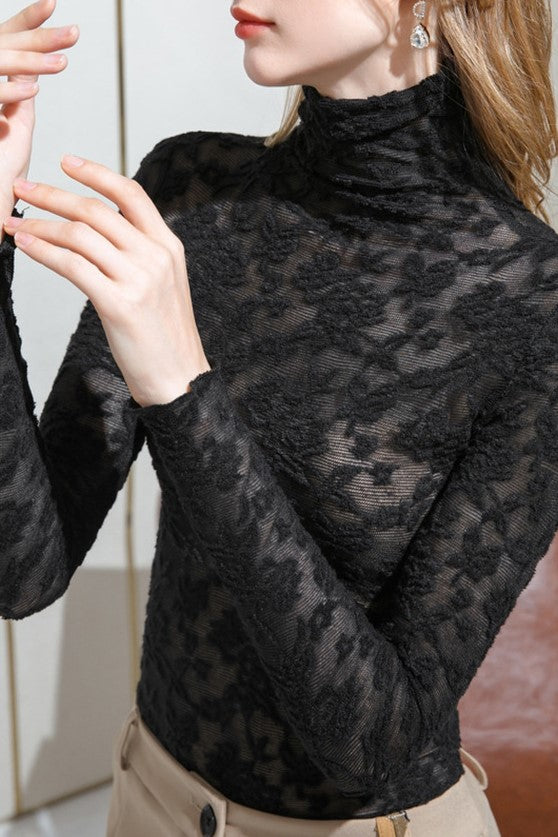 Floral Textured Lace Turtleneck Top - Black - 1
