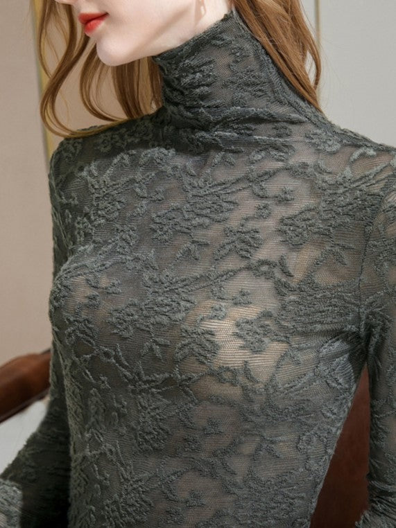 Floral Textured Lace Turtleneck Top - Moss - 1