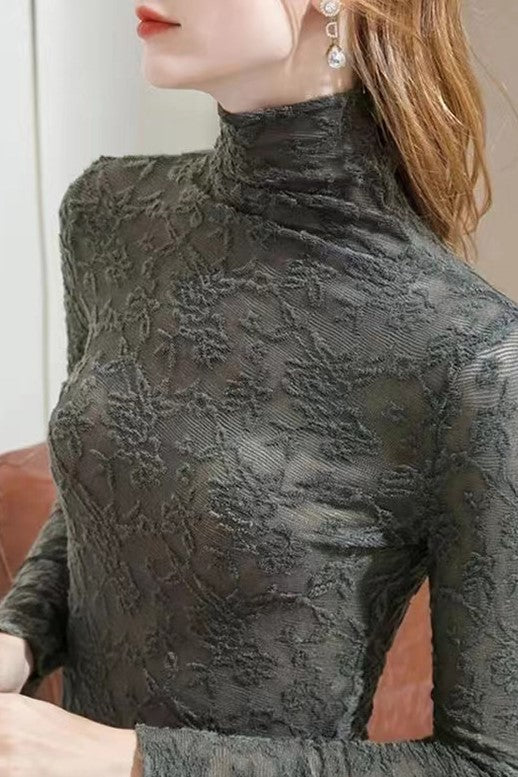 Floral Textured Lace Turtleneck Top - Moss - 2