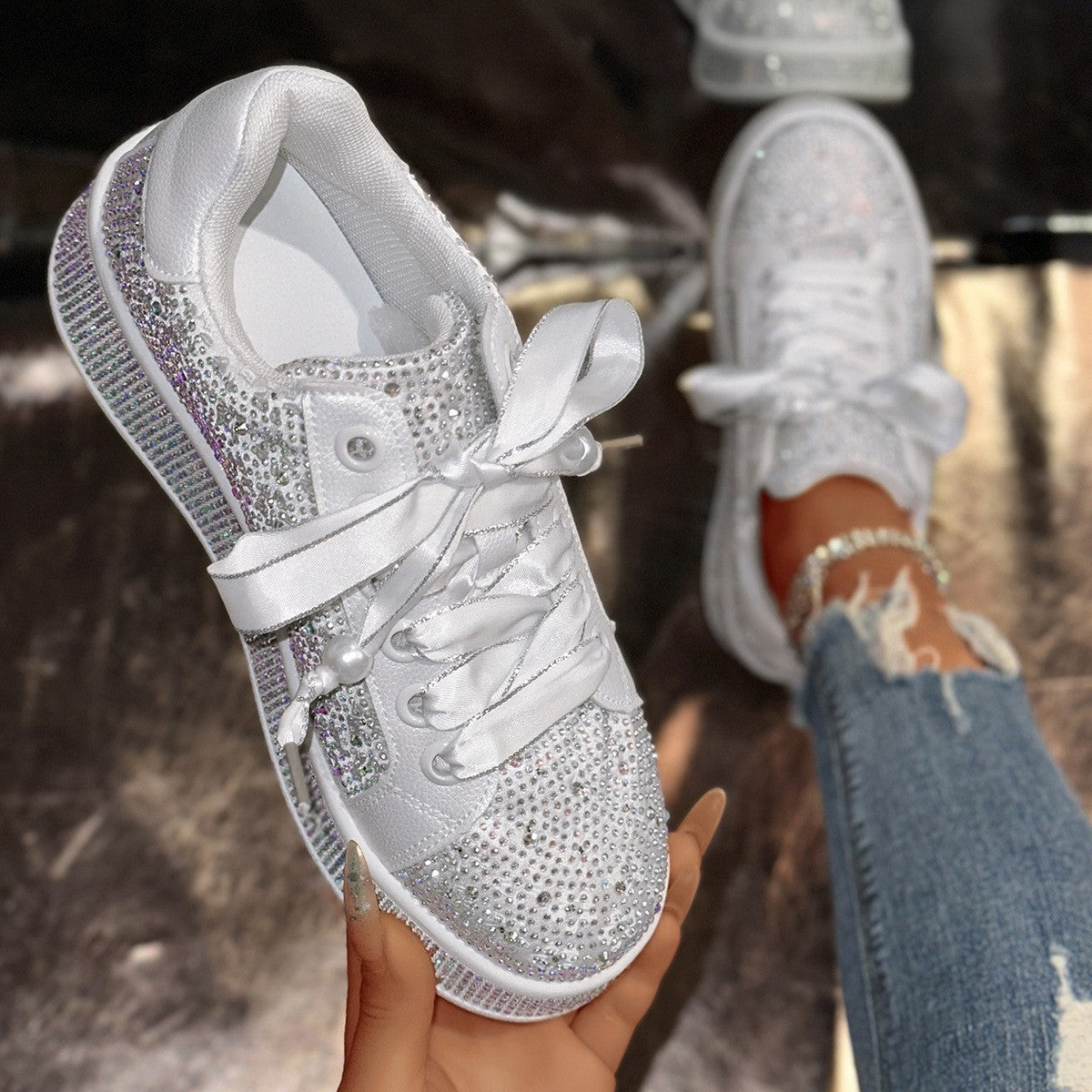 Rhinestone Satin Lace Platform Sneakers